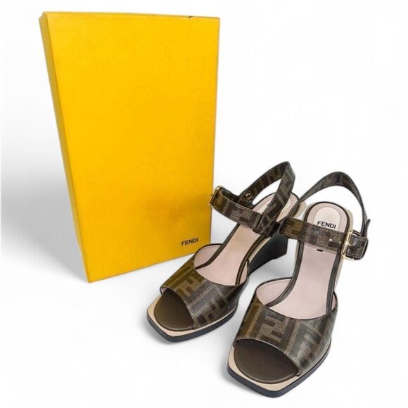 FENDI Tobacco Brown FF Zucca Logo Coated Canvas Wedge Sandals Size EU38.5 - Picture 12 of 14